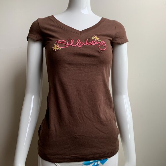 Billabong surf brown embroidered logo v-neck t-shirt - Picture 1 of 4